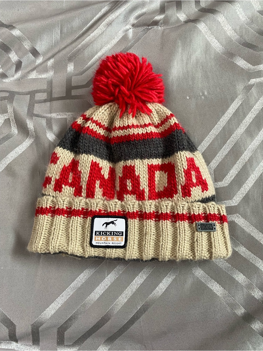 Kicking Horse Canada Pom Beanie Hat - Red & Cream